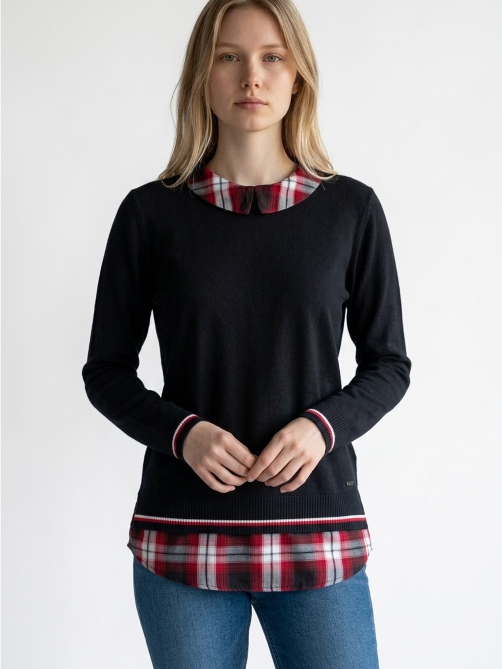 Tommy Hilfiger Womens L Black Sweater Plaid Collar Layered Look Long Sleeve